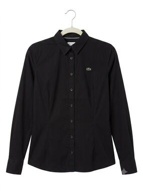 Lacoste Black Long-Sleeve Button-Down Shirt with Green Logo